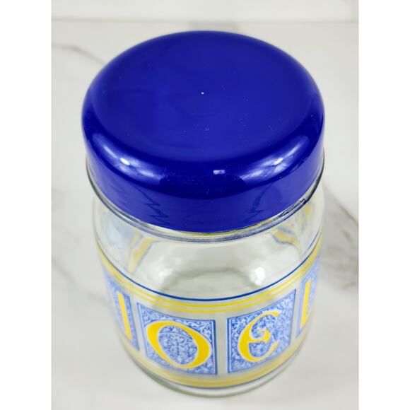 Noel Glass Canister Jar Cookie w/ Blue Lid 7" x 4 1/2" Container Storage - Picture 2 of 16